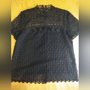 Zara Woman Guipure Elegant Black Lace Mock Neck Ruffle Top